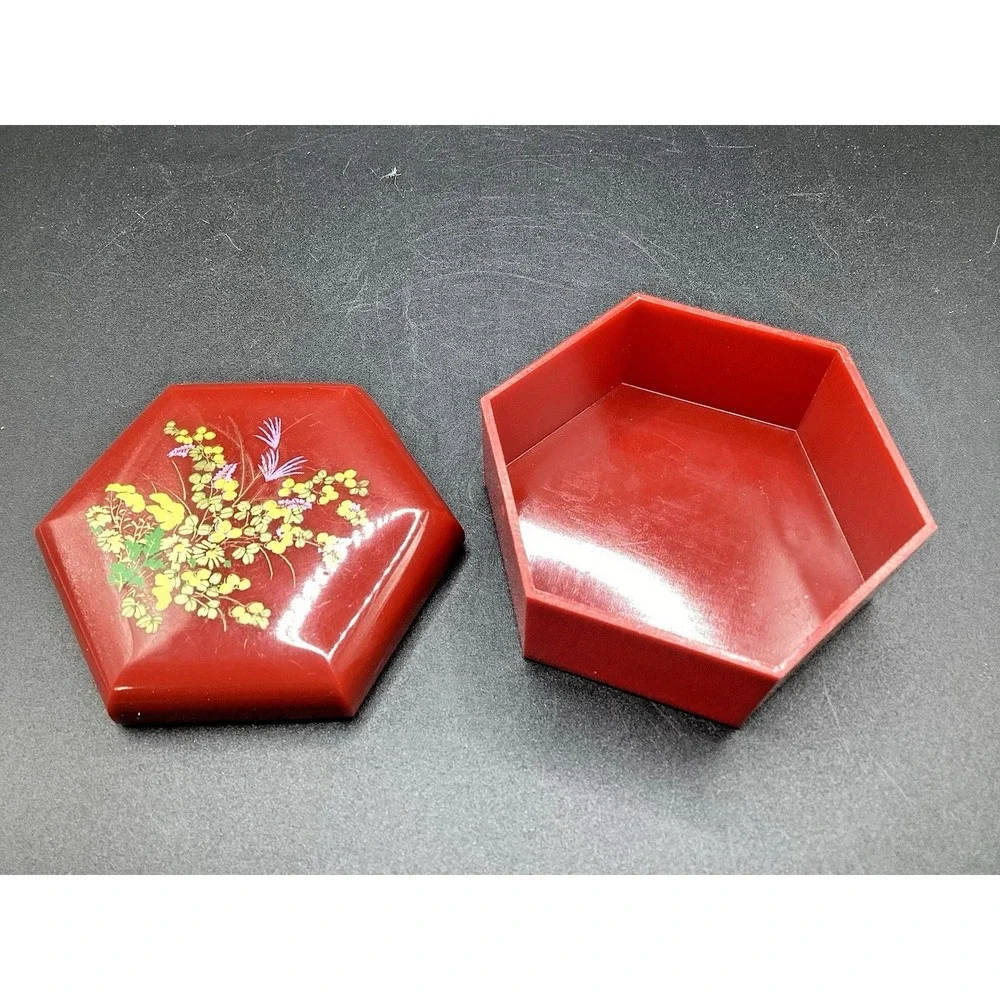 Trinket Box Red Plastic Hexagonal Lidded 3